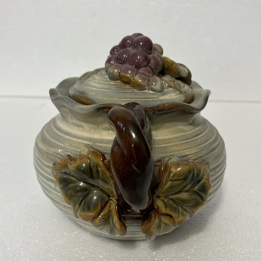Rustic Vtg Medium Tureen Lidded Bowl Studio Art Pottery with Grape and Leaves